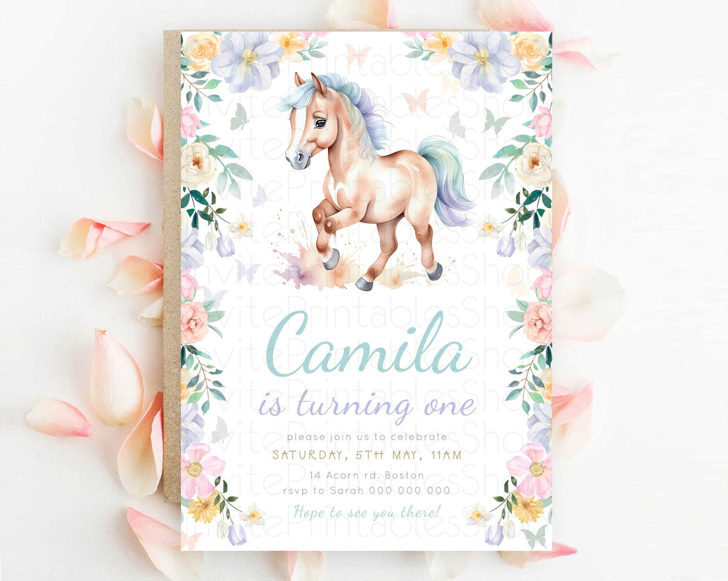 Horse Birthday Invitation, Galloping Wildflower Fields, Pastel Flowers, Butterflies, Flowers Accents for Equestrian & Cowgirls d23383