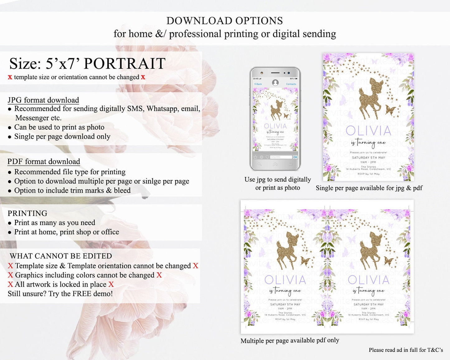 Fawn Birthday Invitation Deer Birthday Invitation Enchanted Forest Party Butterfly Pastel Flowers Whimsical 2nd 1st First Birthday D10914