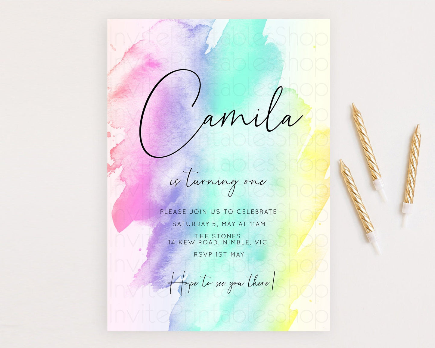 Rainbow Birthday Invitation Colorful Pastel Watercolor Invitation Gold Glitter Sprinkles Ombre Pastel 1st 2nd 3rd Birthday D10231