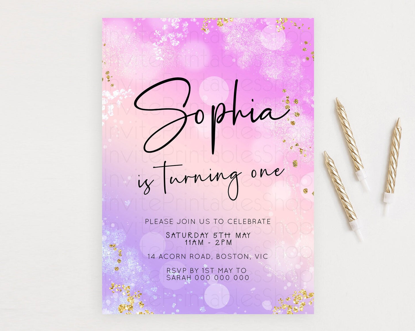 Pastel Birthday Invitation Ombre Watercolor Birthday Invitation Glitter Rainbow Color Splash 1st 2nd 3rd Birthday Invitation D23110