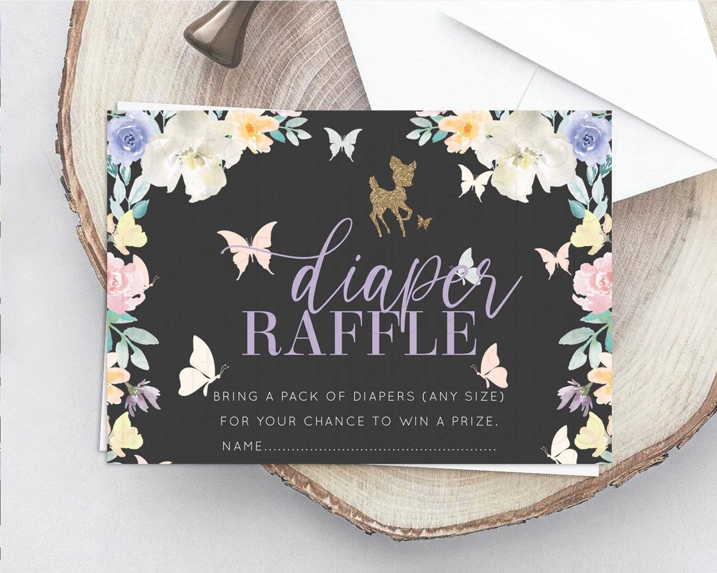 Fawn Diaper Raffle Card Deer Diaper Insert Floral Deer Diaper Ticket Enchanted Forest Butterfly Pastel Baby Shower Raffle Game D10323