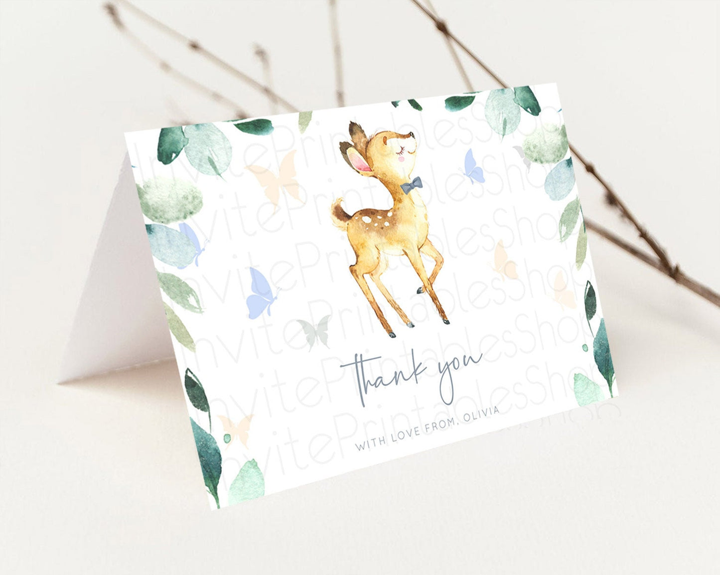 Fawn Thank You Deer Thank You Card Pastel Floral Deer Birthday Thank You Card Enchanted Forest Butterfly Deer Teacher Thank You Card D10767