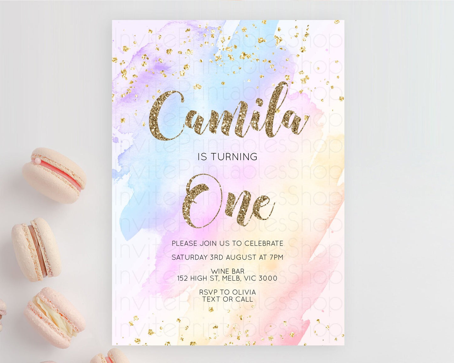 Rainbow Birthday Invitation Colorful Pastel Watercolor Invitation Gold Glitter Sprinkles Ombre Pastel 1st 2nd 3rd Birthday D10633