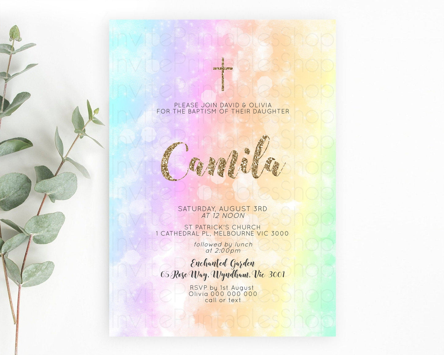 Pastel Baptism Invitation Pastel Colors Watercolor Baptism 1st Birthday Party Gold Ombre Pastel Rainbow Christening Holy Communion D10648