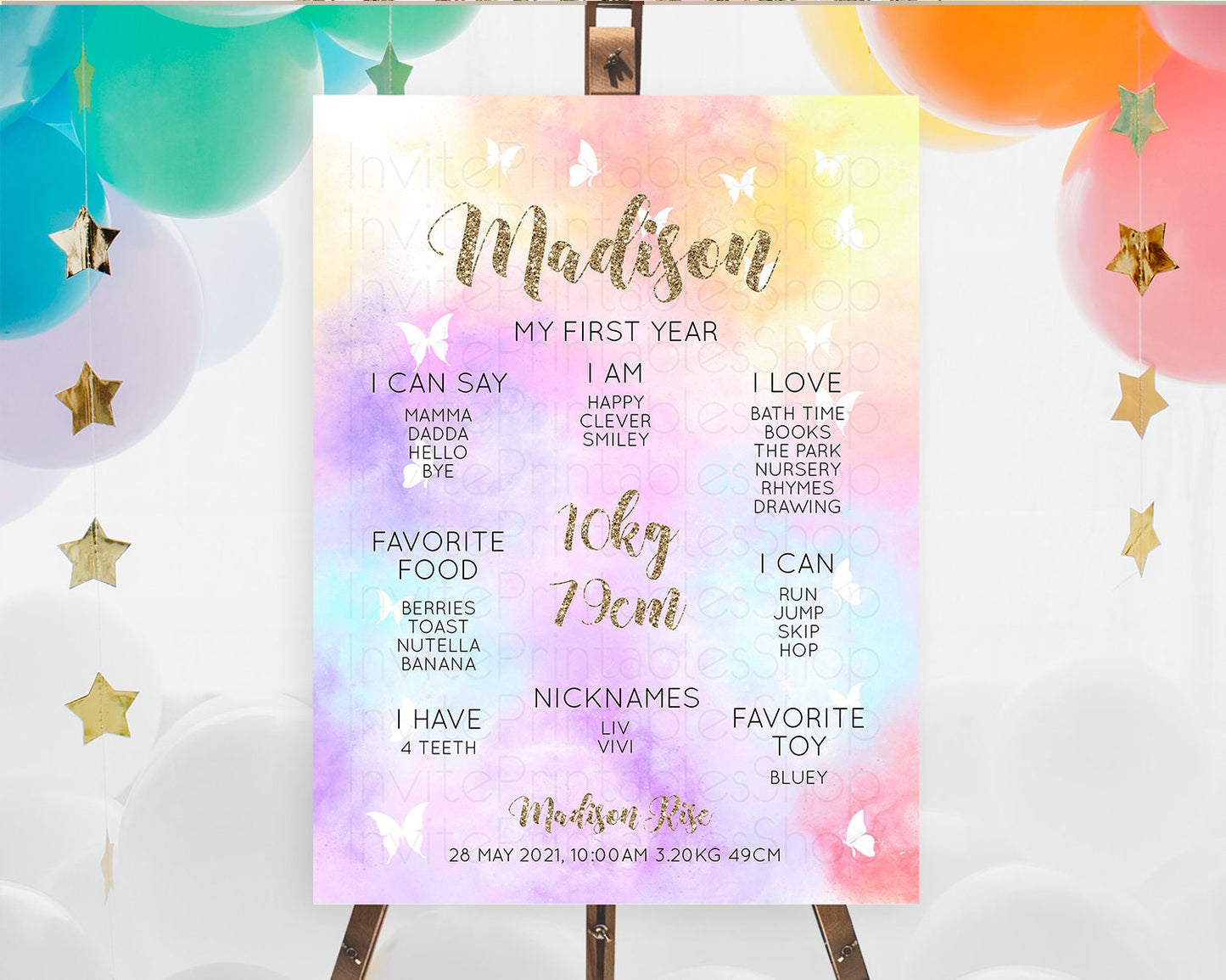 Pastel First Birthday Milestone Board Pastel Rainbow Milestone Poster Colorful Confetti Watercolor Glitter 1st Birthday Welcome Sign D10435