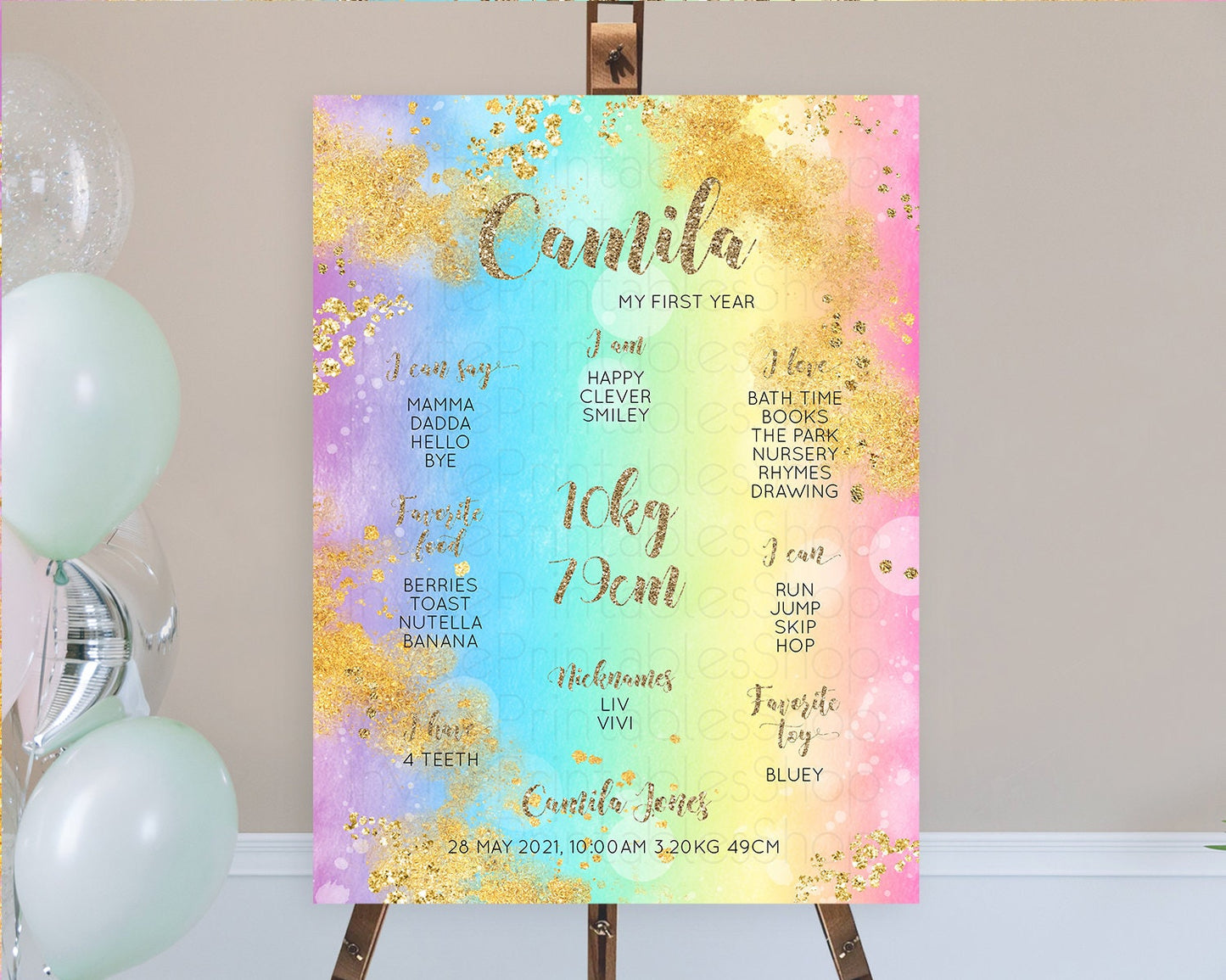 Pastel First Birthday Milestone Board Pastel Rainbow Milestone Poster Colorful Confetti Watercolor Glitter 1st Birthday Welcome Sign D10561