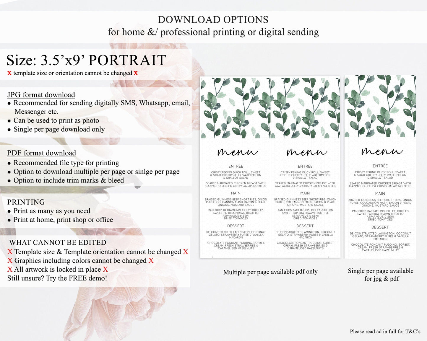 Leafy Menu Green Leaf Menu Template Eucalyptus Fern Leaves Decor Watercolor Boho Garden Leaf Branch Dinner Dessert Party Food Menu D11059