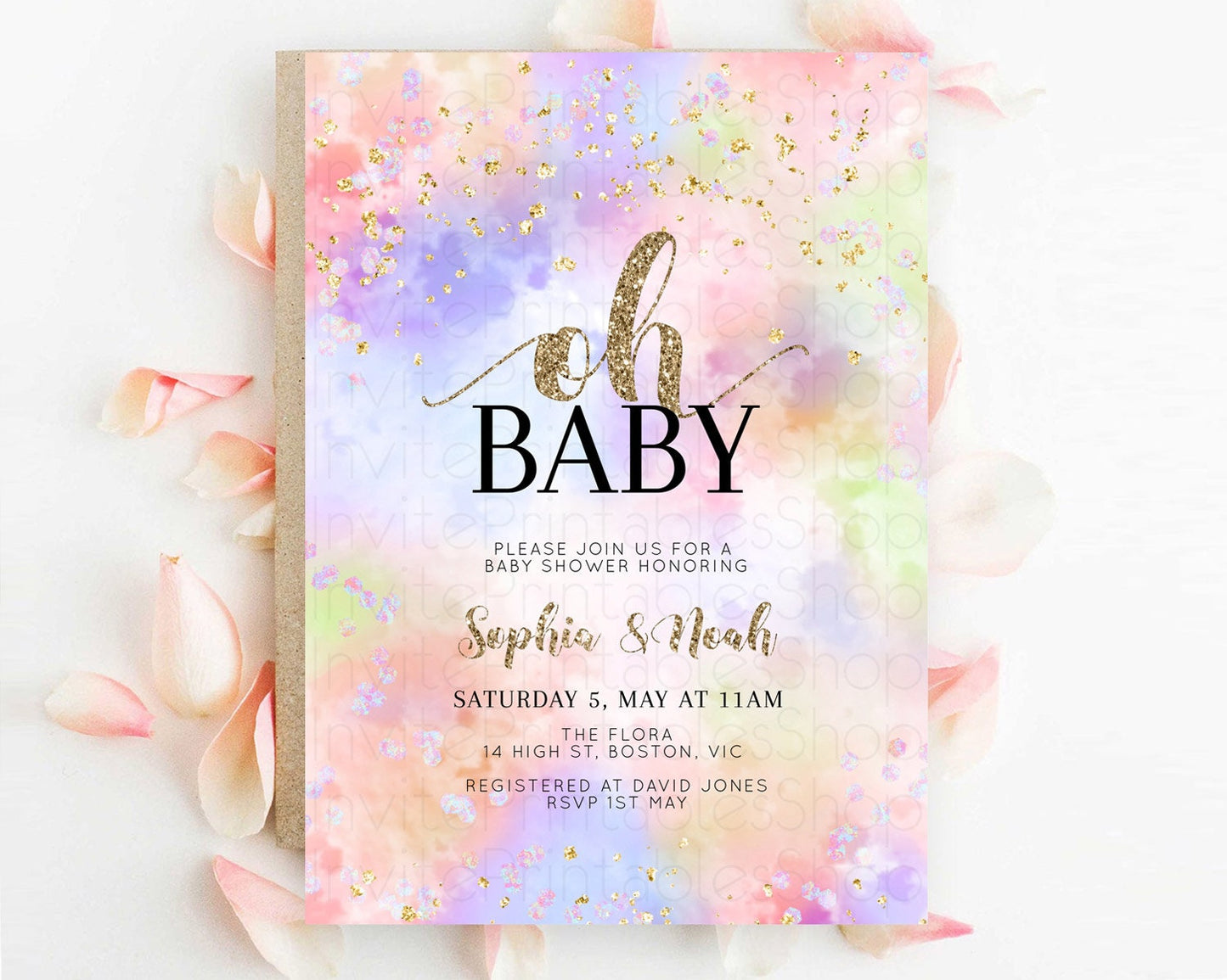 Pastel Baby Shower Invitation Rainbow Baby Shower Invitation Colorful Pastel Watercolor Invitation Gold Glitter Sprinkles Ombre D11019