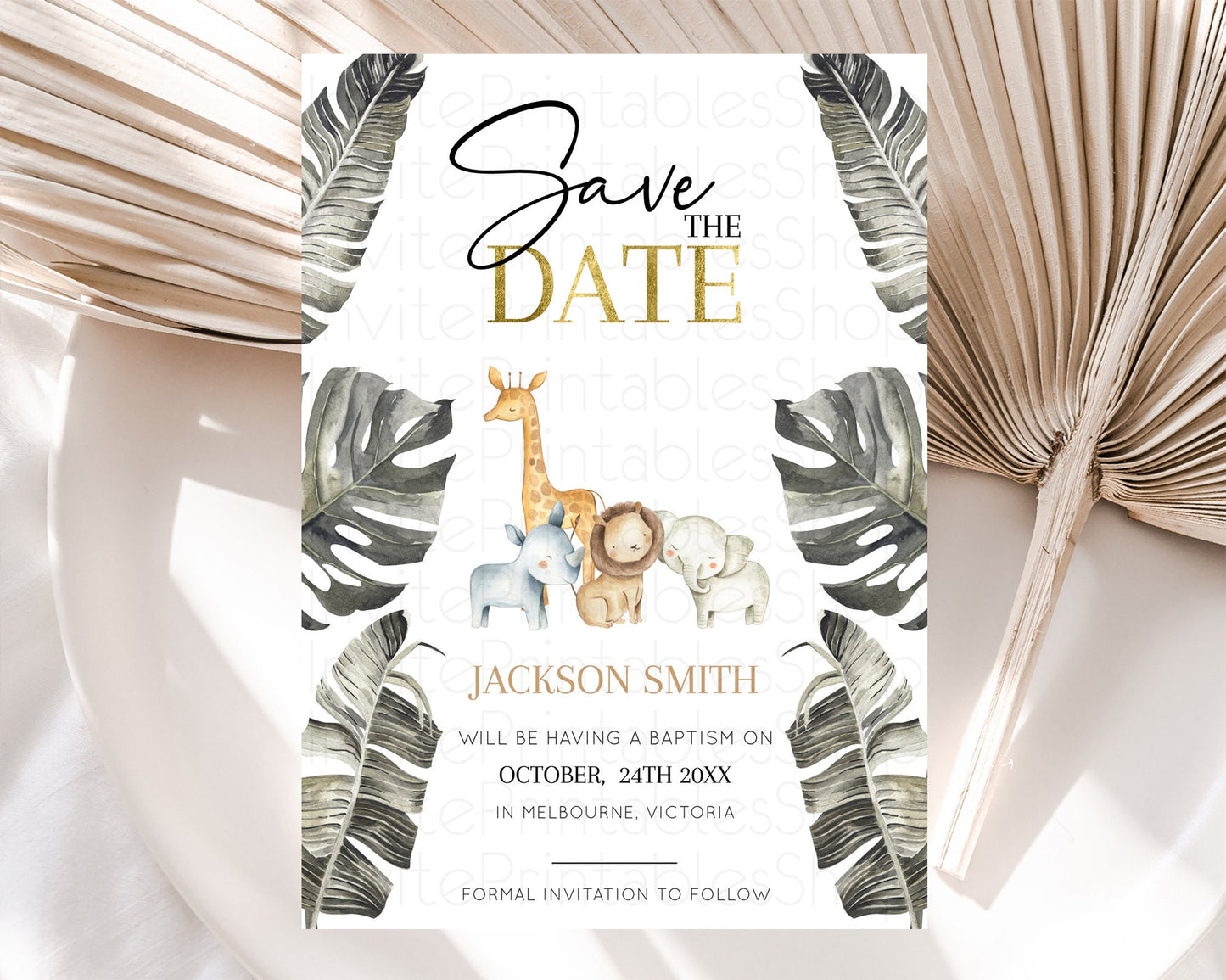 Safari Save The Date Template Lion Gorilla Elephant Rhino Animals Party Tropical Palm Zoo Theme For 1st Birthday Baptism Baby Shower D10599