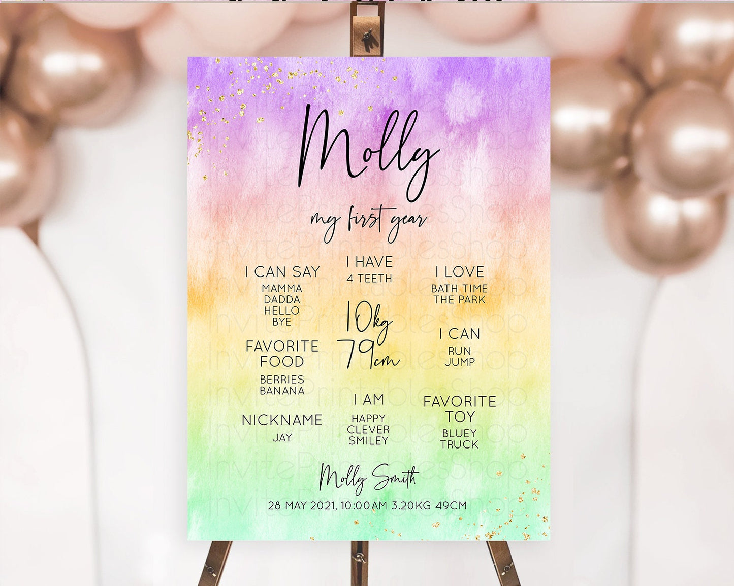 Pastel First Birthday Milestone Board Pastel Rainbow Milestone Poster Colorful Confetti Watercolor Glitter 1st Birthday Welcome Sign D10514