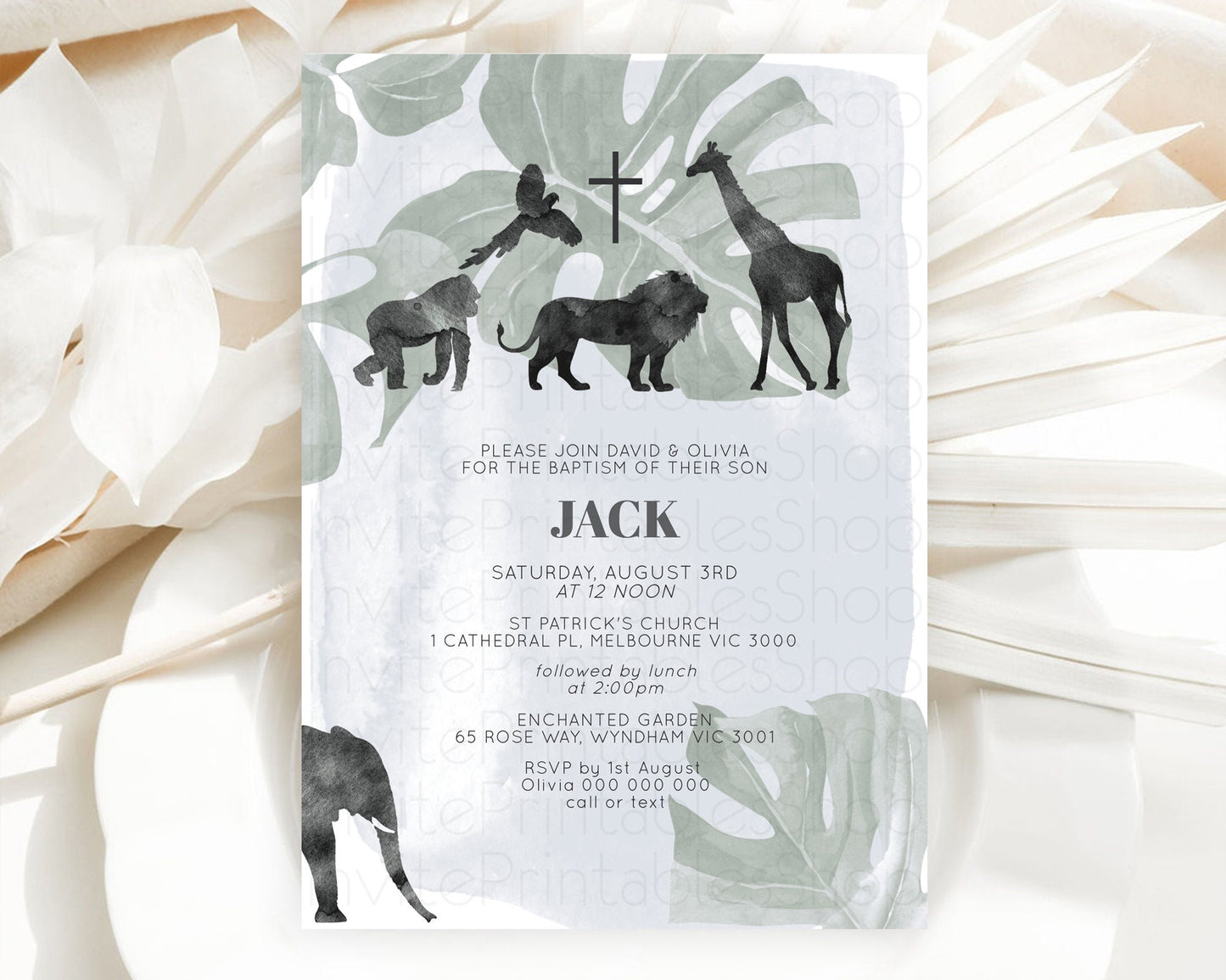 Safari Baptism Invitation Safari Adventure Baptism Birthday Invitation Lion Gorilla Elephant Rhino Tropical Palm Jungle Adventure D10203