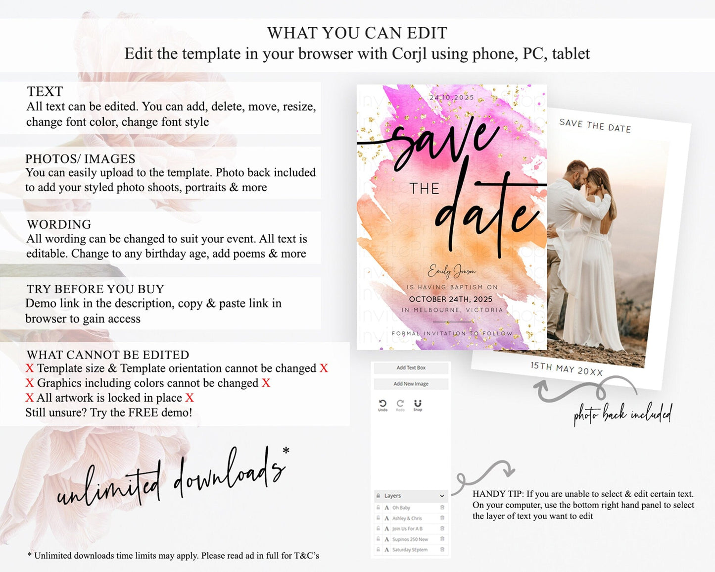 Pastel Save The Date Template Pastel Ombre Rainbow Watercolor Colorful Party For Birthday Baptism Baby Shower Wedding Bridal Shower D10488