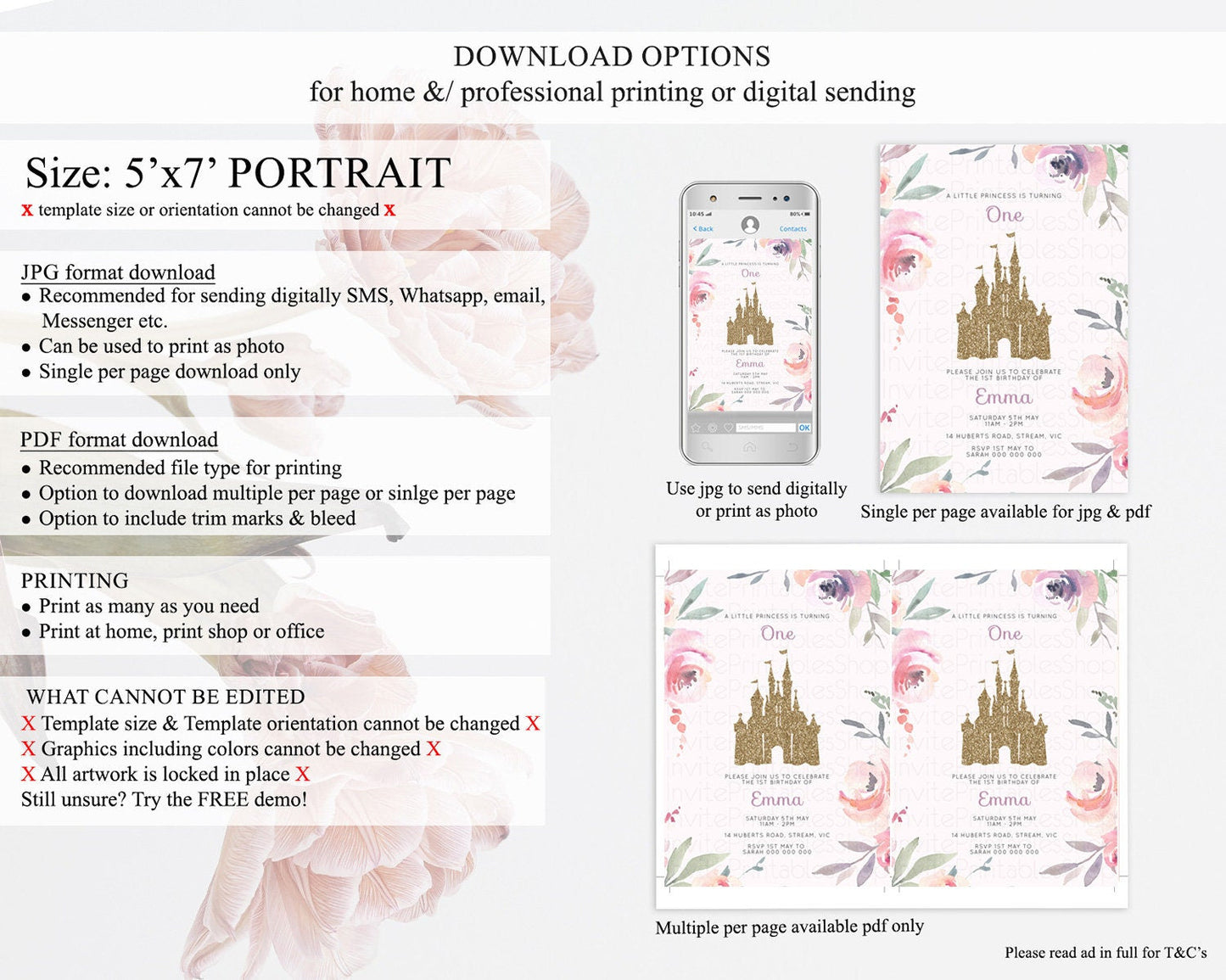 Princess Birthday Invitation Castle Invitation Royal Birthday Fairy Tale Enchanted Castle Pastel Floral Garden 1st First Birthday D10195