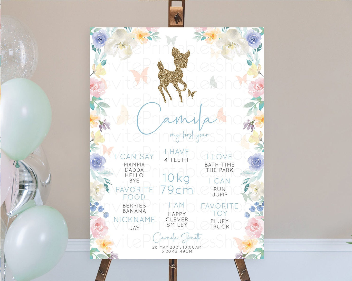 Fawn First Birthday Milestone Board Deer First Birthday Milestone Poster Enchanted Forest Butterfly Pastel Flowers 1st Birthday Sign D10878
