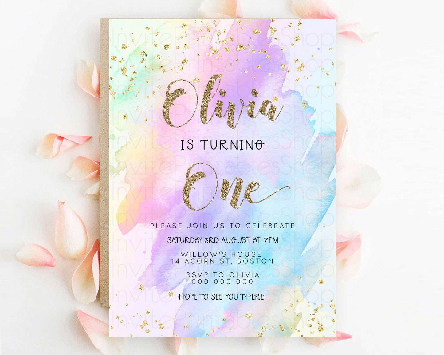 Rainbow Birthday Invitation Colorful Pastel Watercolor Invitation Gold Glitter Sprinkles Ombre Pastel 1st 2nd 3rd Birthday D23295