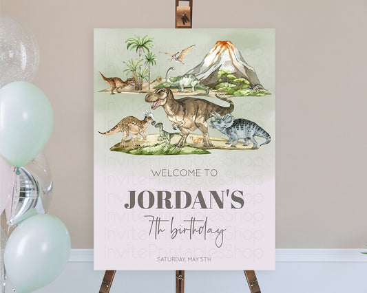 Editable Dinosaur Welcome Sign Dinosaur Volcano Welcome Poster Dino Watercol