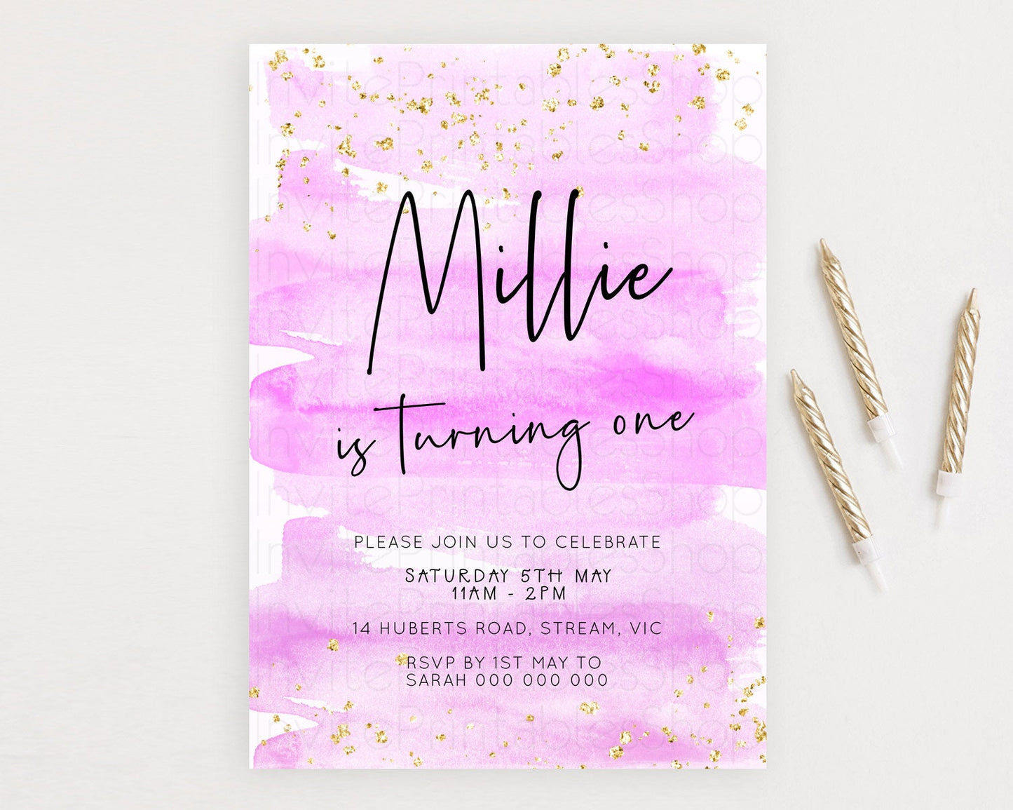 Pink Birthday Invitation pink Watercolor Invitation Pastel pink Watercolor Invitation pink Splash Gold Invitation 1st First Birthday D23048