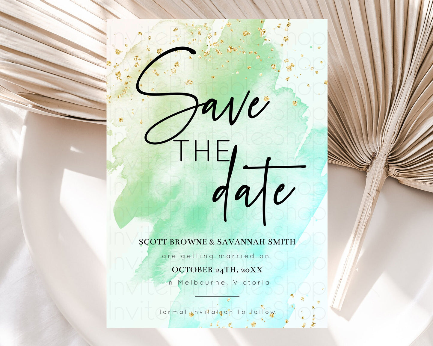 Green Watercolor Save The Date Template Ombre Green Watercolor Splash Party 1st Birthday Baby Shower Wedding Baptism Bridal Shower D10170