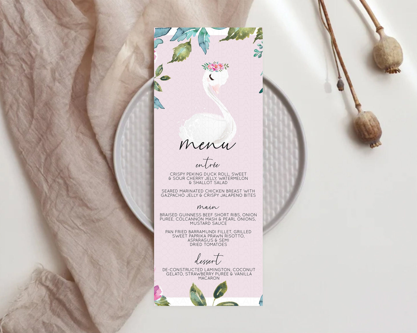 Swan Menu Swan Princess Ballet Menu Template Enchanted Swan Lake Table Decor Secret Garden Pastel Floral Dinner Dessert Food Menu  D10757