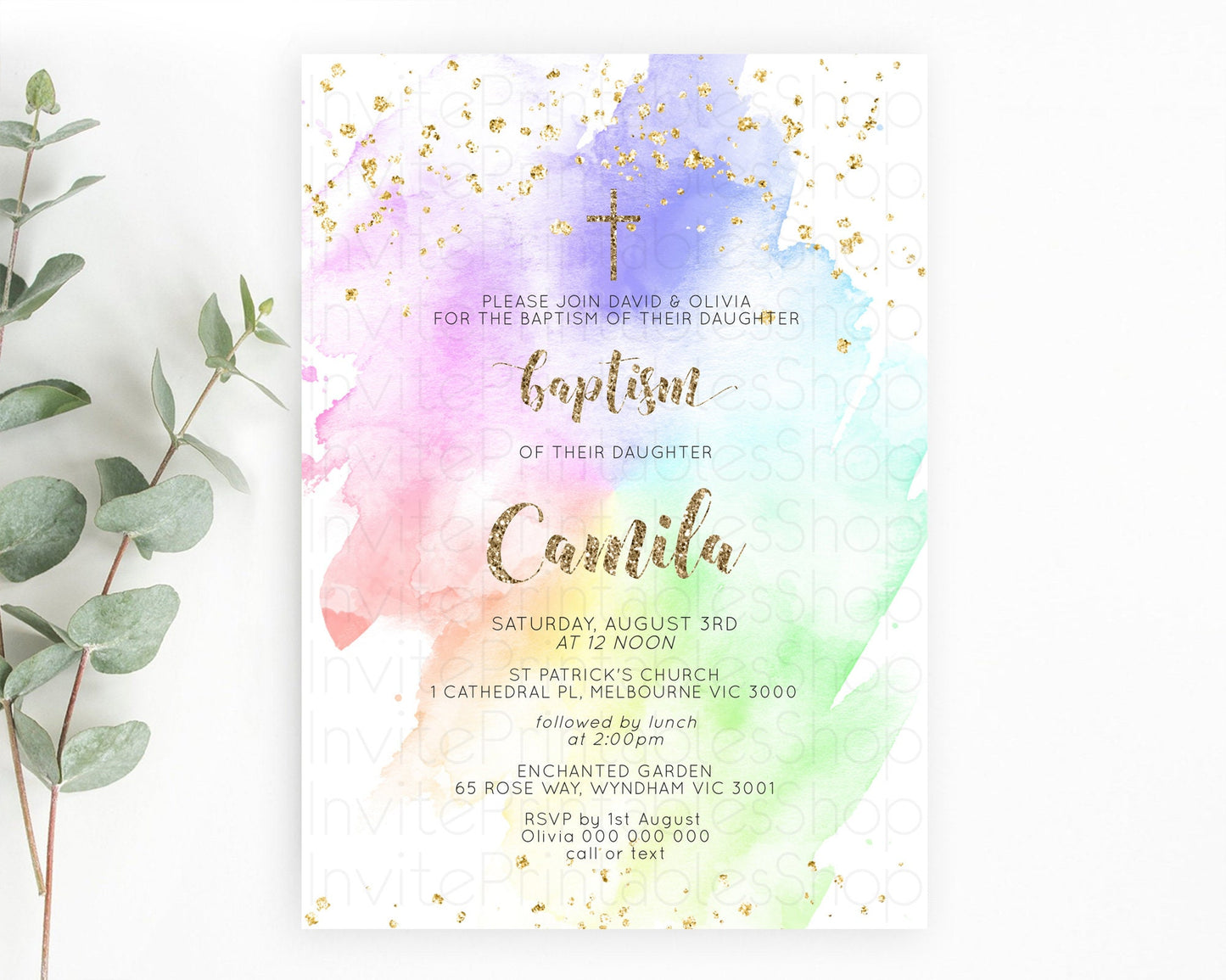 Pastel Baptism Invitation Pastel Colors Watercolor Baptism 1st Birthday Party Gold Ombre Pastel Rainbow Christening Holy Communion D10319