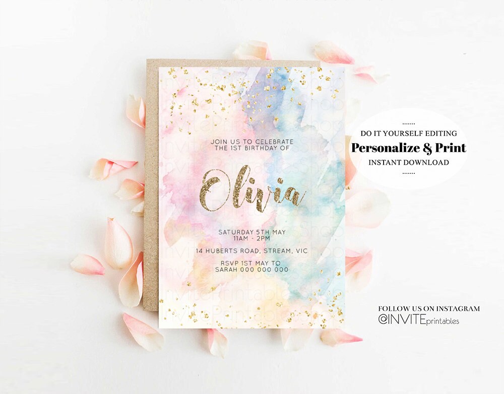 Rainbow Birthday Invitation Pastel Invitation Colorful Watercolor Gold Splatter Glitter Sprinkles Ombre 1st 2nd 3rd Editable Invite 276