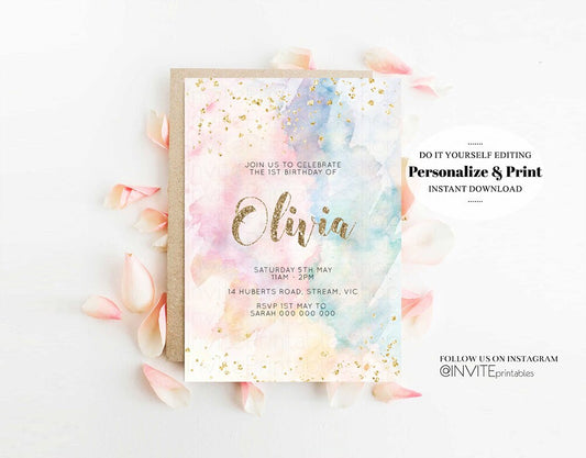Rainbow Birthday Invitation Pastel Invitation Colorful Watercolor Gold Splatter Glitter Sprinkles Ombre 1st 2nd 3rd Editable Invite 276
