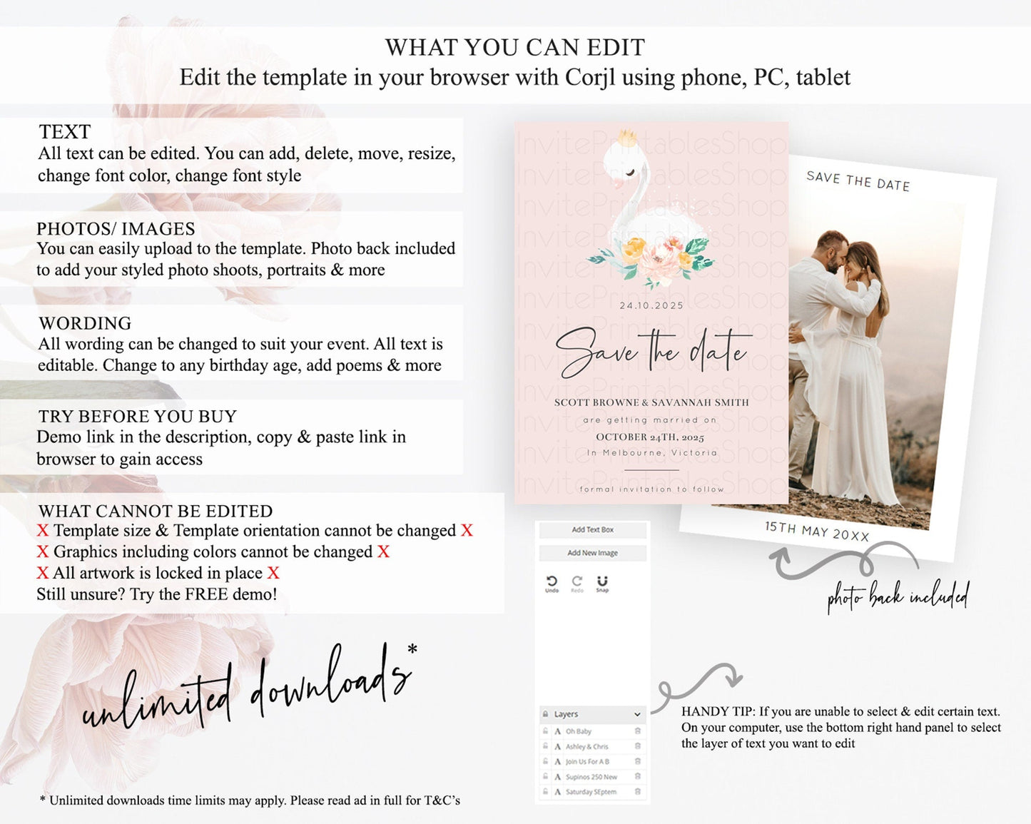 Swan Save The Date Template Swan Princess Ballet Party Enchanted Swan Lake Secret Garden Pastel Floral Birthday Baptism Baby Shower D10388