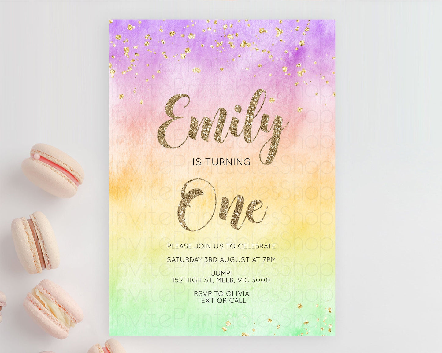 Rainbow Birthday Invitation Colorful Pastel Watercolor Invitation Gold Glitter Sprinkles Ombre Pastel 1st 2nd 3rd Birthday D10512