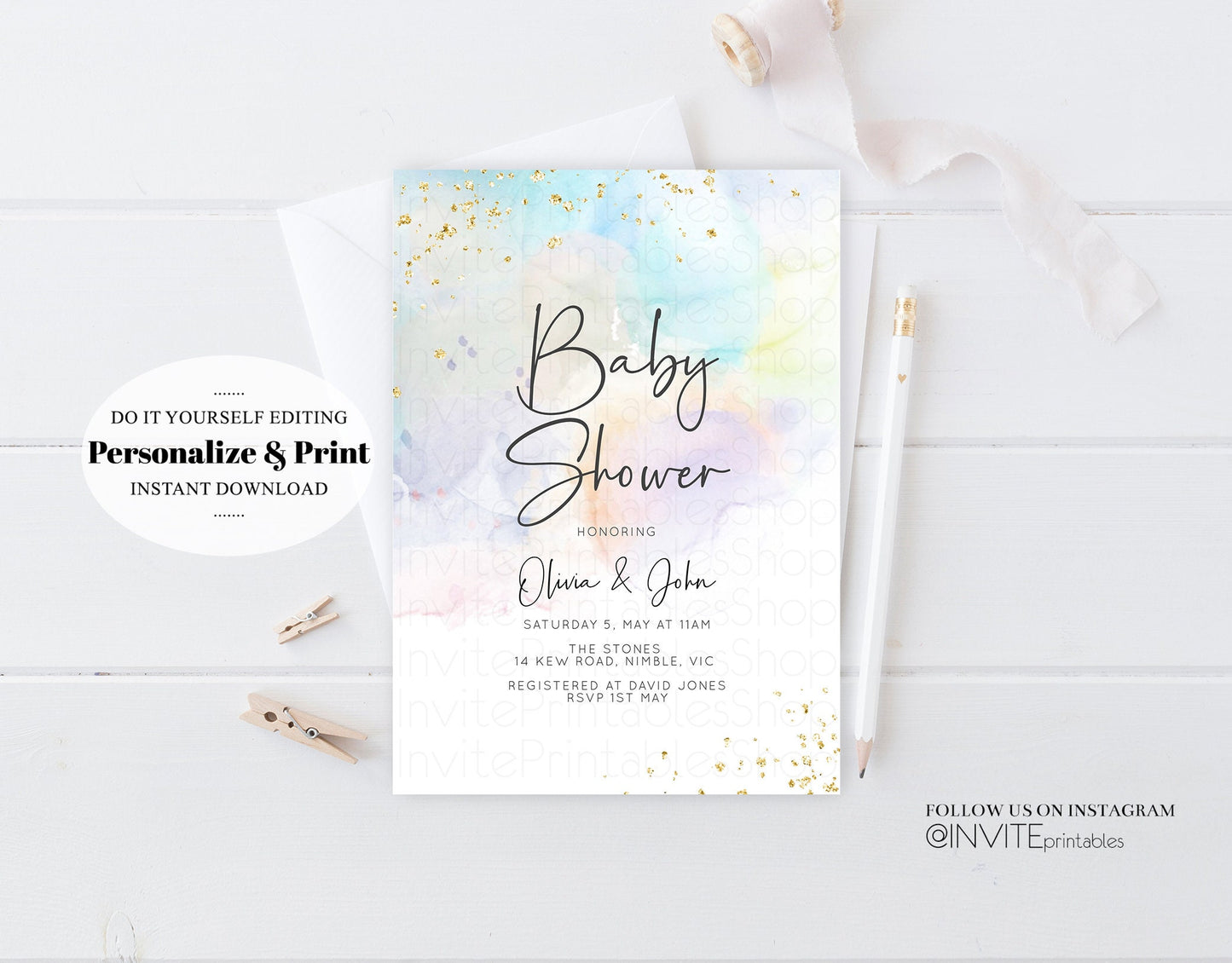 Rainbow Baby Shower Invitation Pastel Colorful Watercolor Gold Glitter Foil Sprinkles Confetti Gender Neutral Editable Instant Download 136