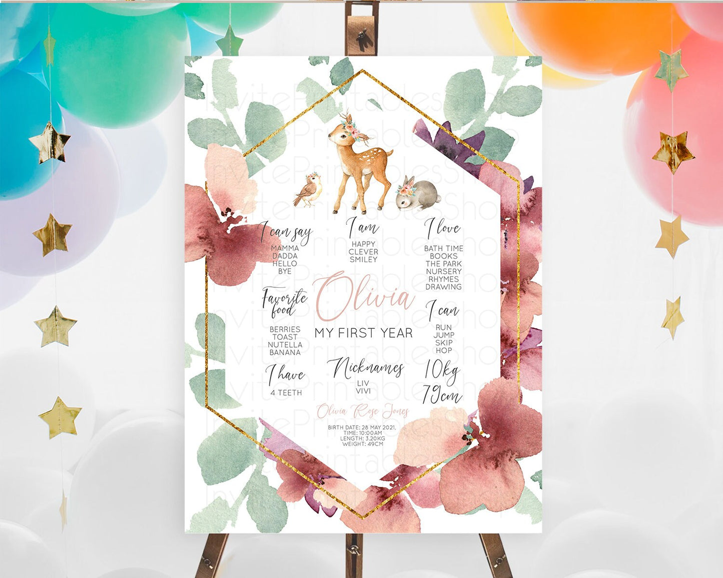 Fawn First Birthday Milestone Board Deer First Birthday Milestone Poster Enchanted Forest Butterfly Pastel Flowers 1st Birthday Sign D10913
