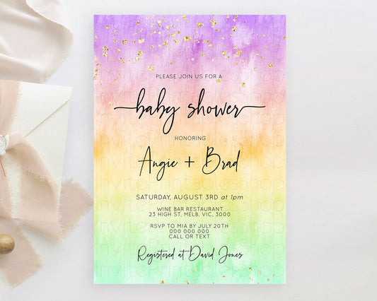 Pastel Baby Shower Invitation Rainbow Baby Shower Invitation Colorful Pastel Watercolor Invitation Gold Glitter Sprinkles Ombre D10514