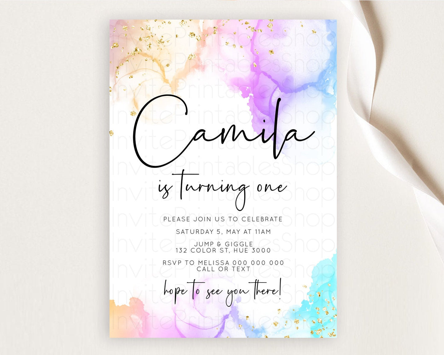 Rainbow Birthday Invitation Colorful Pastel Watercolor Invitation Gold Glitter Sprinkles Ombre Pastel 1st 2nd 3rd Birthday D10180