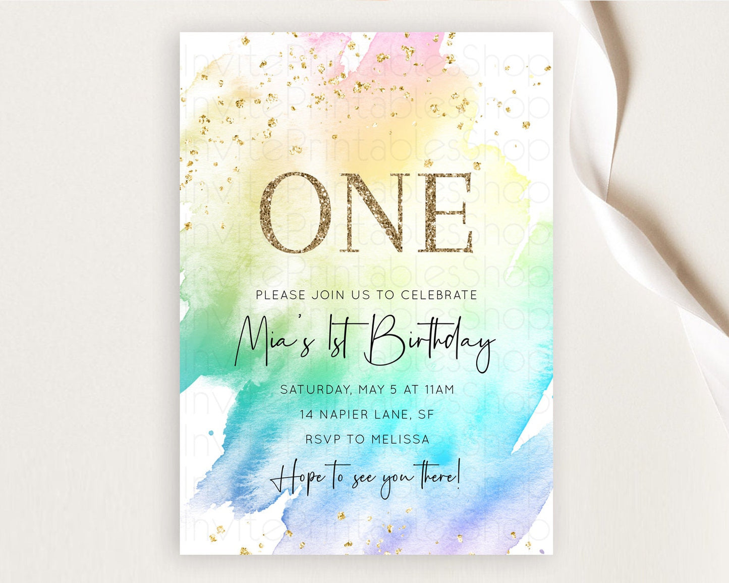 Rainbow Birthday Invitation Colorful Pastel Watercolor Invitation Gold Glitter Sprinkles Ombre Pastel 1st 2nd 3rd Birthday D10279