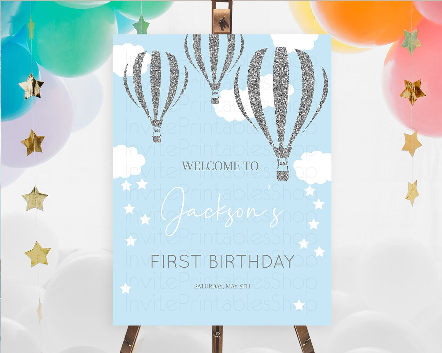 Hot Air Balloon First Birthday Welcome Board Hot Air Balloon Welcome Board Adventure Awaits Watercolor First Birthday Welcome Sign D10335