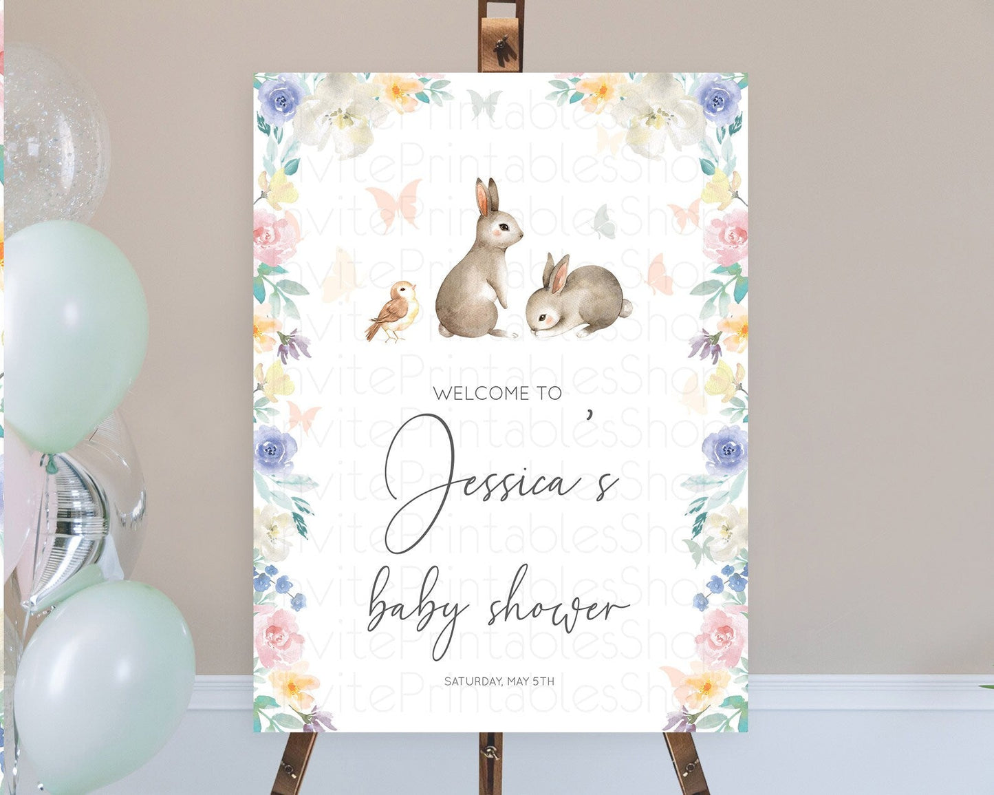 Bunny Baby Shower Welcome Sign Floral Bunny Welcome Board Pastel Flowers Woodland Bunny Welcome Poster Forest Bunny Welcome Sign D10928