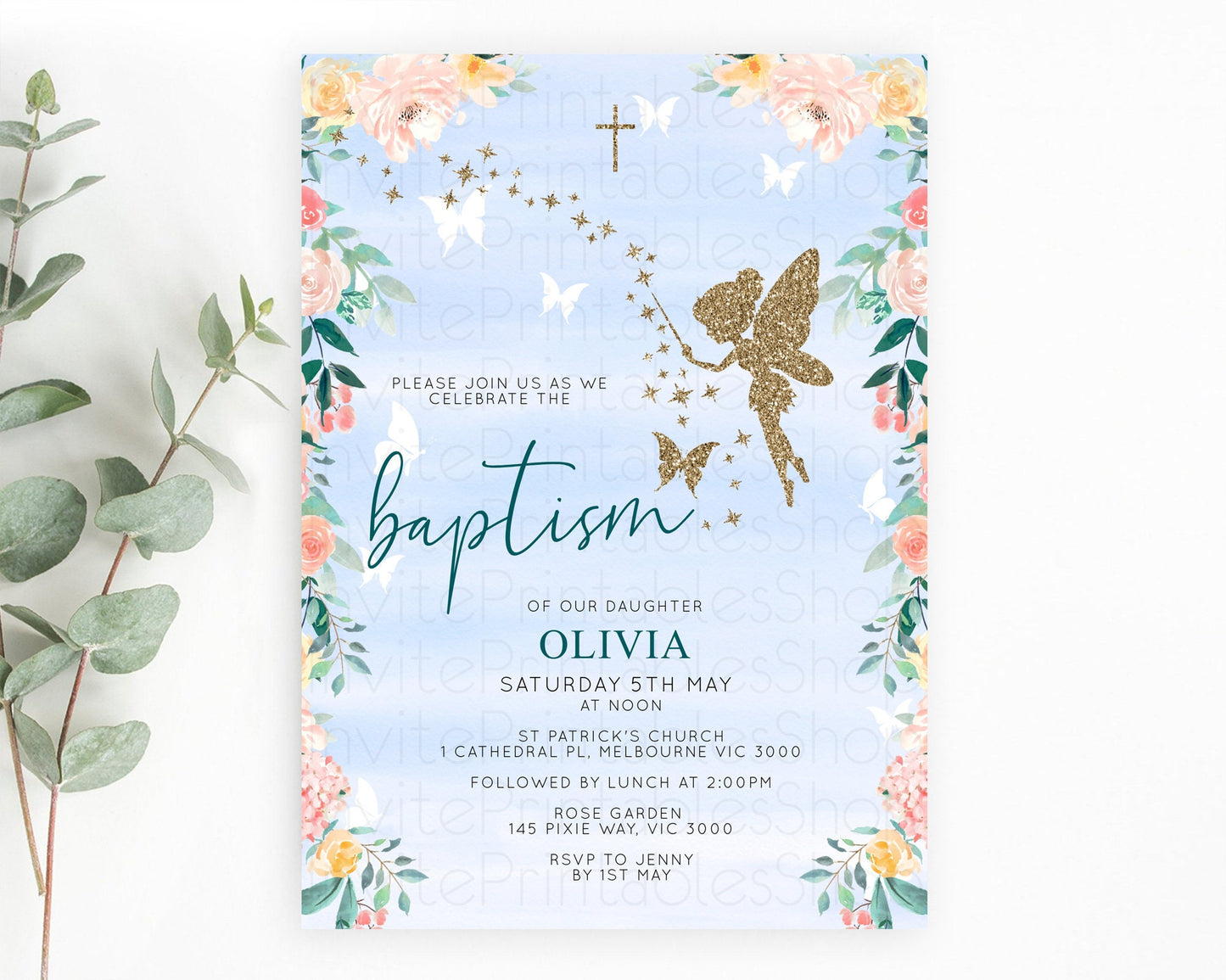 Fairy Baptism Invitation Fairy Baptism 1st Birthday Invitation Enchanted Secret Garden Christening Invite Pastel Floral Butterfly D10794