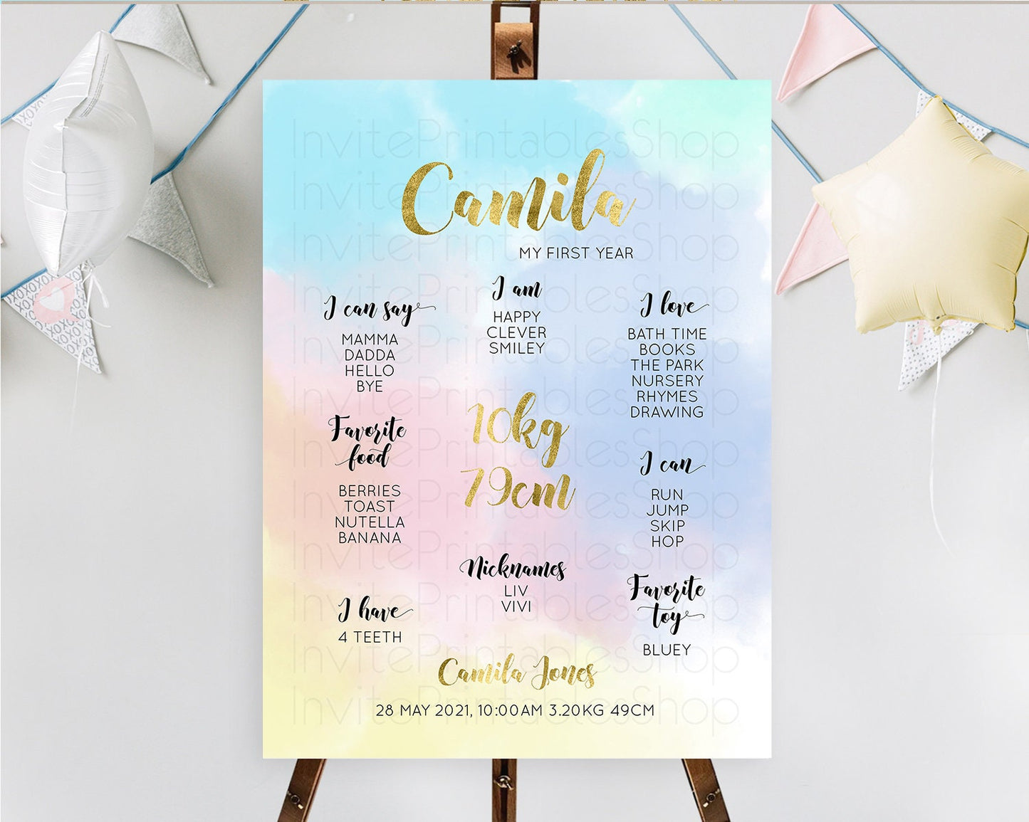 Pastel First Birthday Milestone Board Pastel Rainbow Milestone Poster Colorful Confetti Watercolor Glitter 1st Birthday Welcome Sign D10892