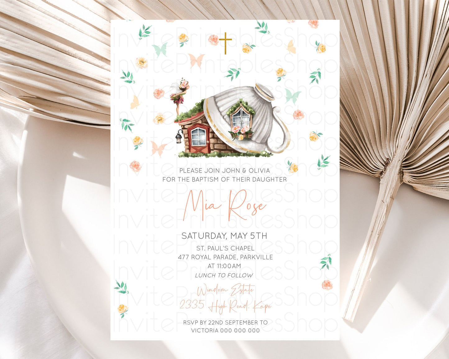 Fairy Baptism Invitation Fairy Baptism 1st Birthday Invitation Enchanted Secret Garden Christening Invite Pastel Floral Butterfly D10383