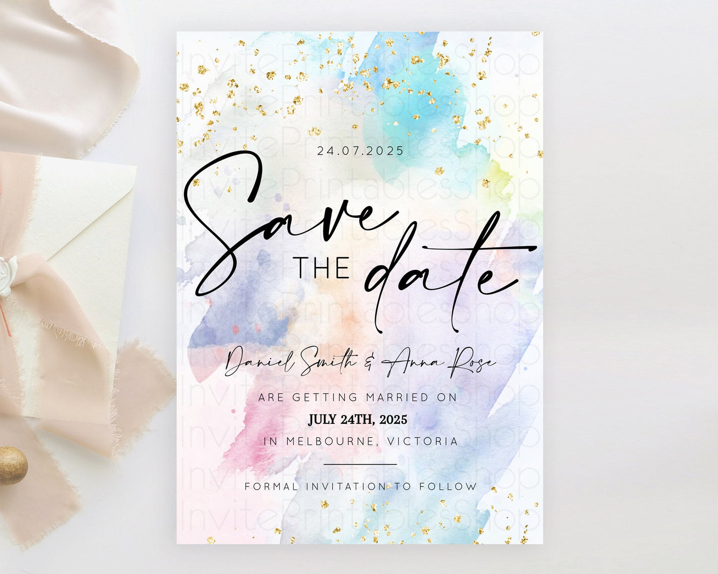 Editable Pastel Save The Date Template Pastel Ombre Rainbow Watercolor Color