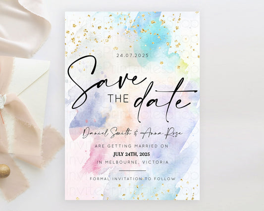 Editable Pastel Save The Date Template Pastel Ombre Rainbow Watercolor Color