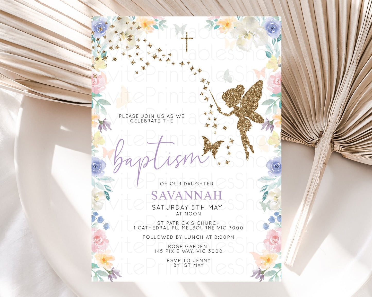 Fairy Baptism Invitation Fairy Baptism 1st Birthday Invitation Enchanted Secret Garden Christening Invite Pastel Floral Butterfly D10761