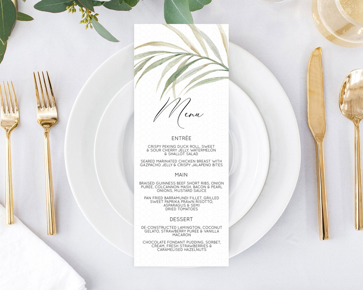 Leafy Menu Green Leaf Menu Template Eucalyptus Fern Leaves Decor Watercolor Boho Garden Leaf Branch Dinner Dessert Party Food Menu D11043