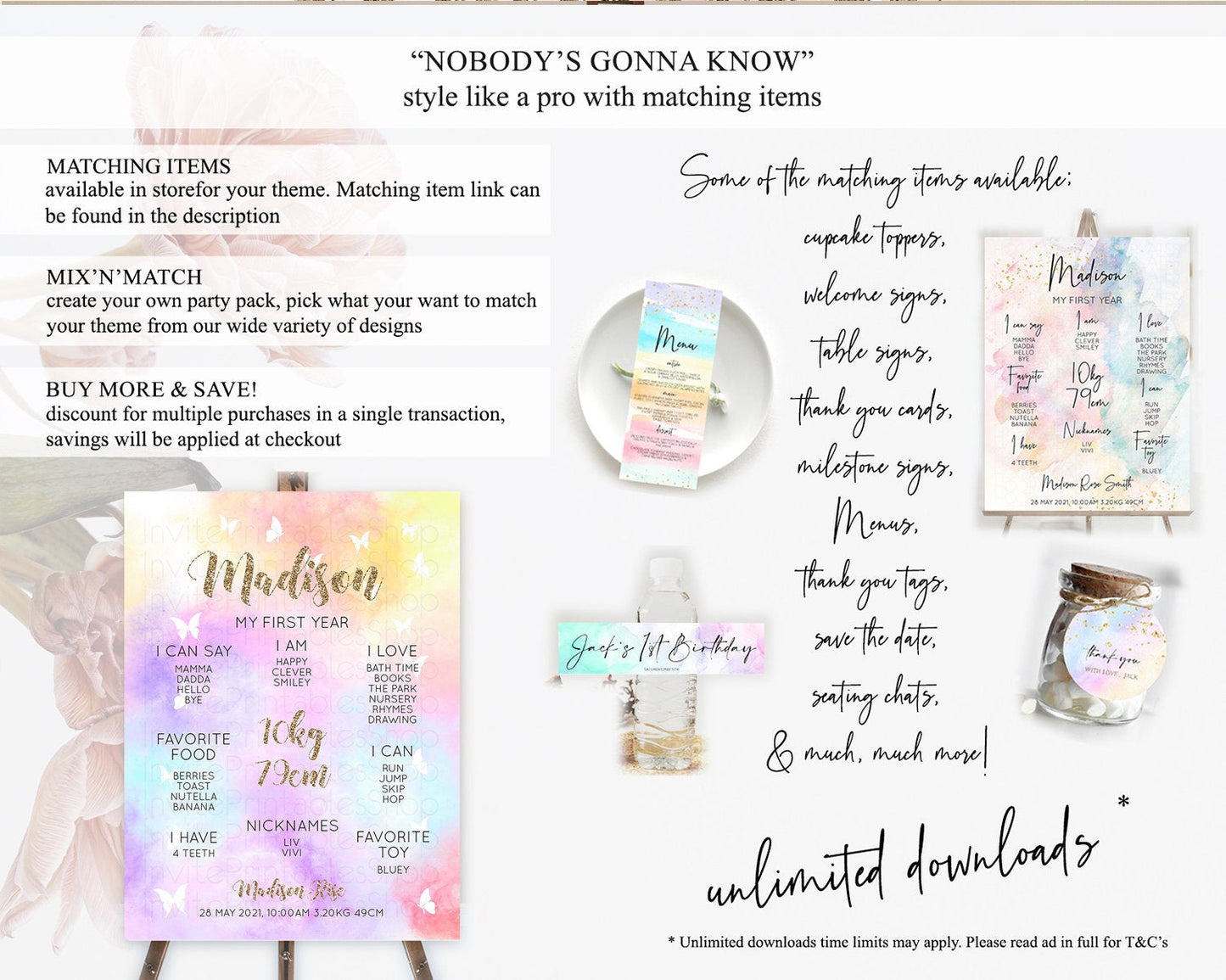 Pastel First Birthday Milestone Board Pastel Rainbow Milestone Poster Colorful Confetti Watercolor Glitter 1st Birthday Welcome Sign D10435