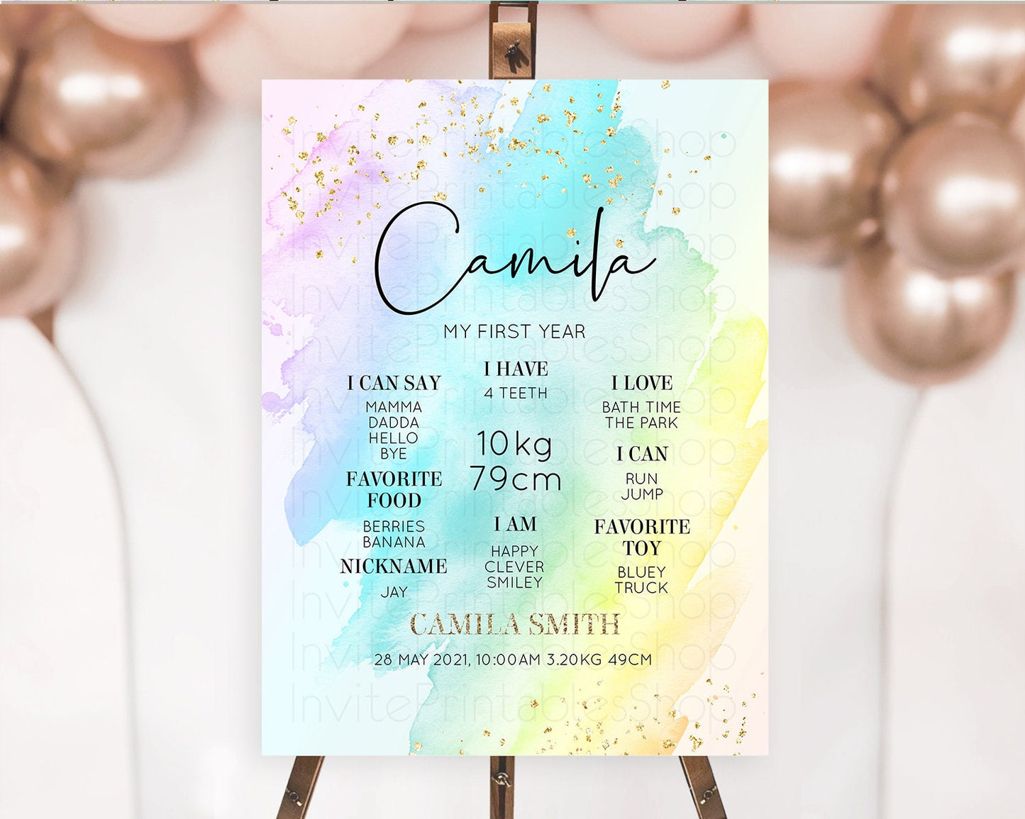 Pastel First Birthday Milestone Board Pastel Rainbow Milestone Poster Colorful Confetti Watercolor Glitter 1st Birthday Welcome Sign D10171