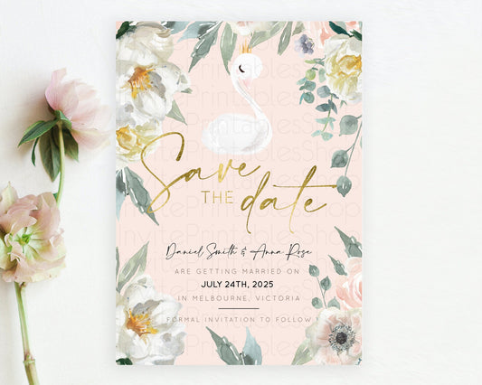 Swan Save The Date Template Swan Princess Ballet Party Enchanted Swan Lake Secret Garden Pastel Floral Birthday Baptism Baby Shower  D10115