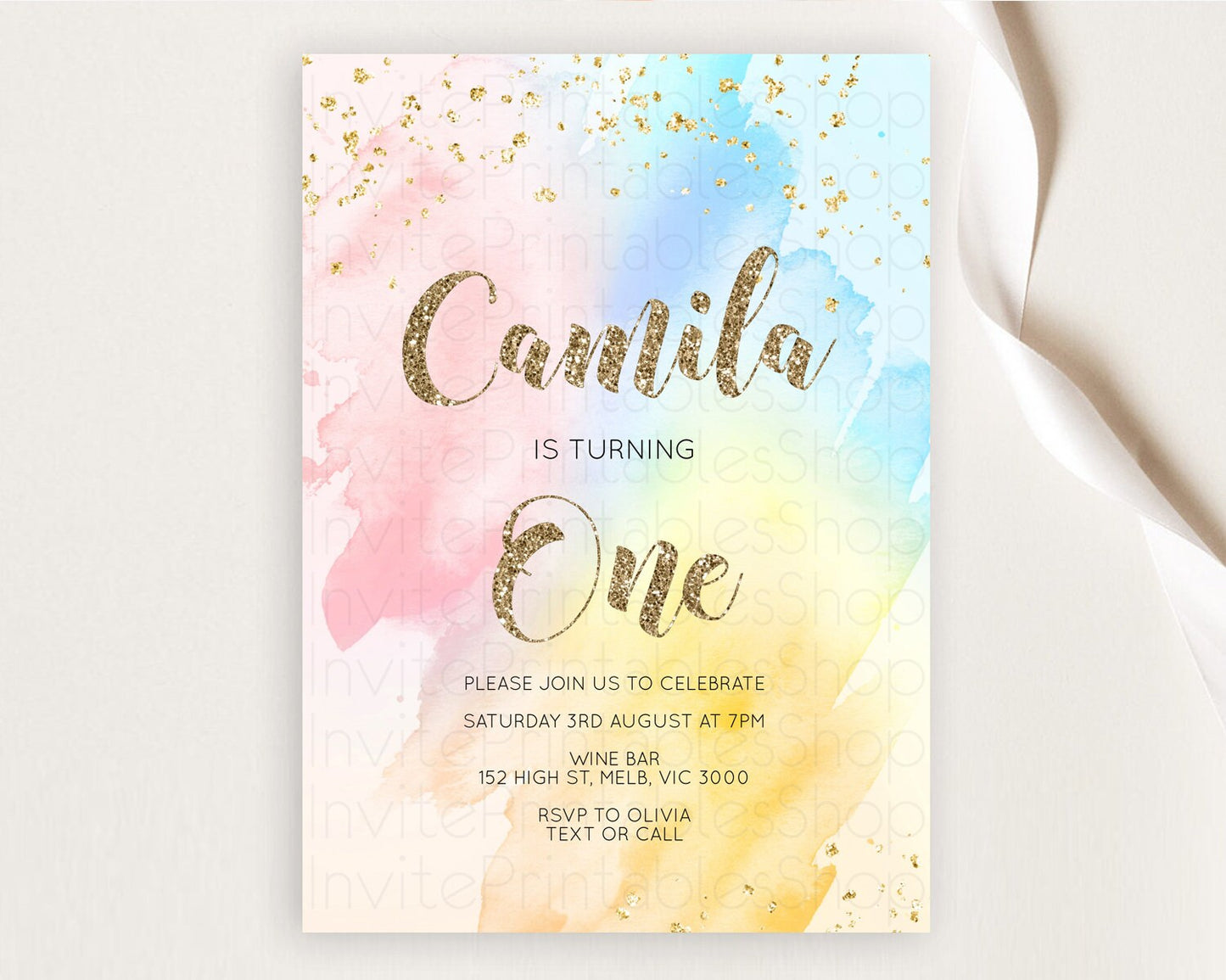 Rainbow Birthday Invitation Colorful Pastel Watercolor Invitation Gold Glitter Sprinkles Ombre Pastel 1st 2nd 3rd Birthday D10556