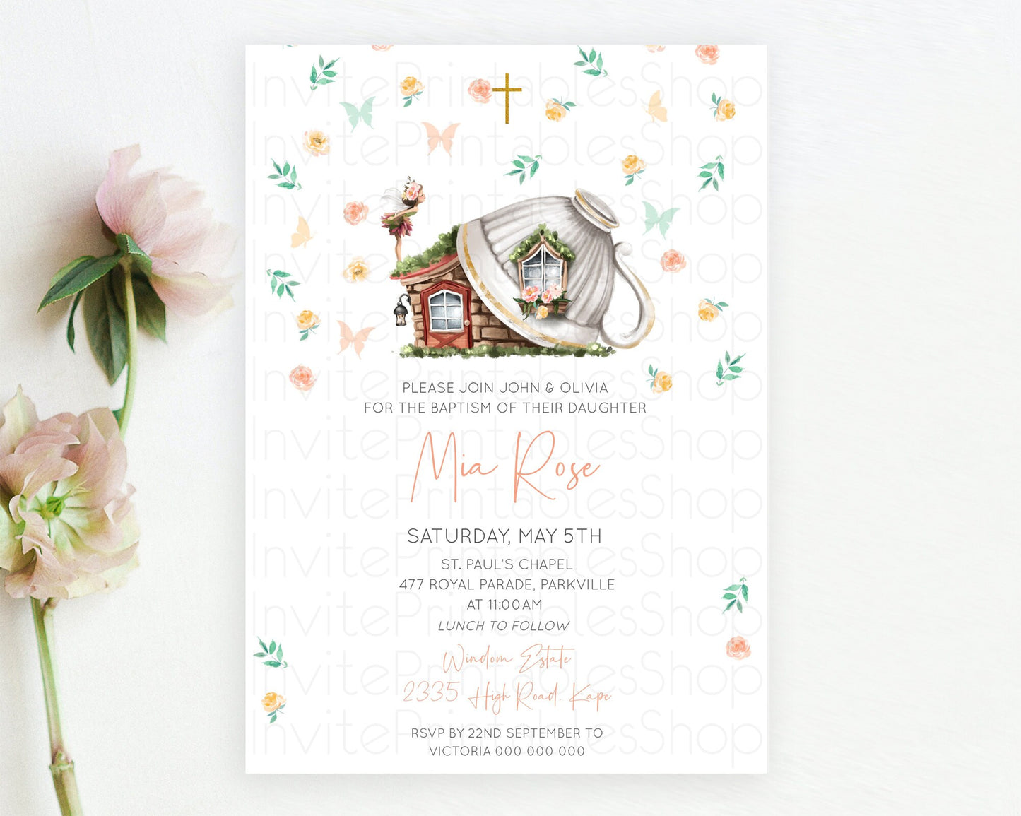 Fairy Baptism Invitation Fairy Baptism 1st Birthday Invitation Enchanted Secret Garden Christening Invite Pastel Floral Butterfly D10383