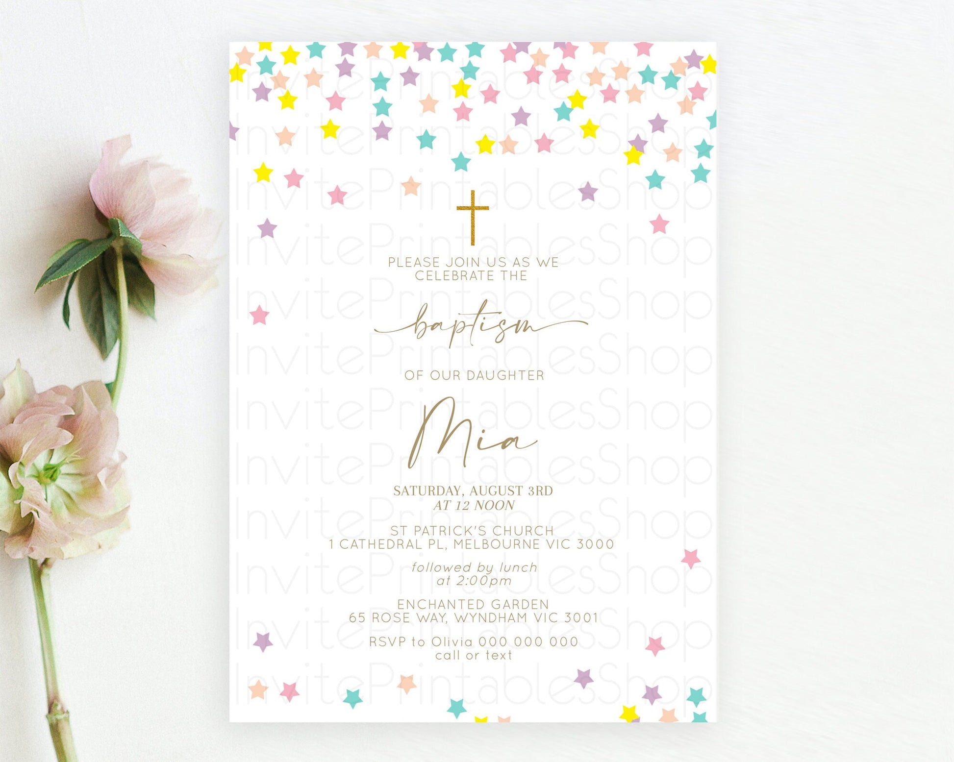 Editable Star Baptism Invitation Pastel Stars Baptism 1st Birthday Invitatio