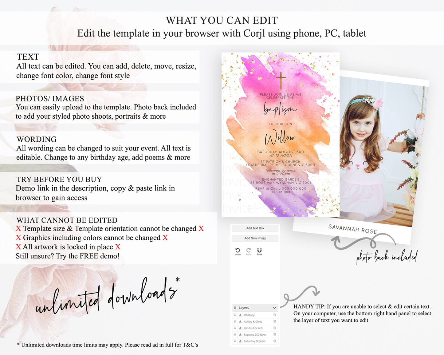 Pastel Baptism Invitation Pastel Colors Watercolor Baptism 1st Birthday Party Gold Ombre Pastel Rainbow Christening Holy Communion D10488