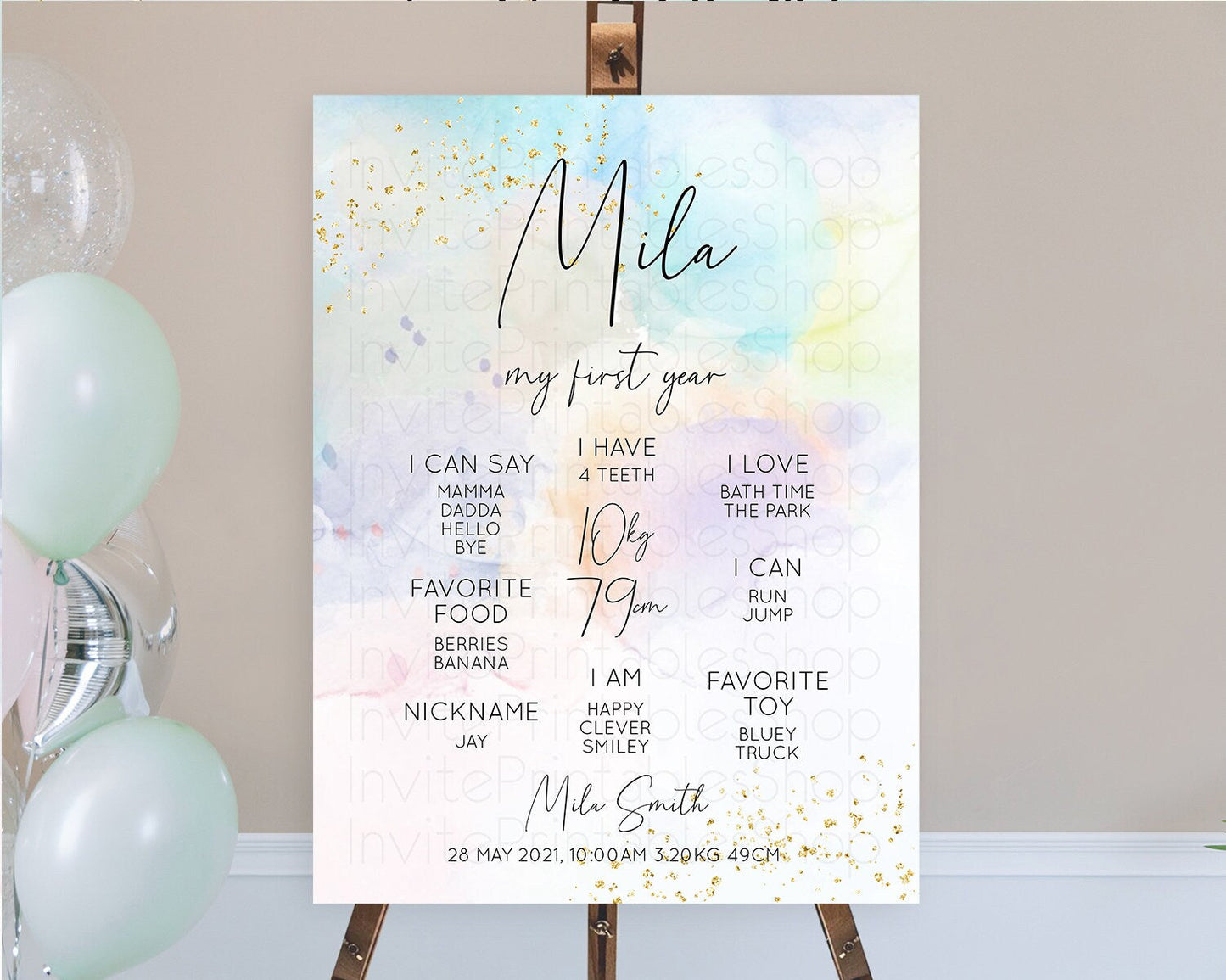 Pastel First Birthday Milestone Board Pastel Rainbow Milestone Poster Colorful Confetti Watercolor Glitter 1st Birthday Welcome Sign D10769